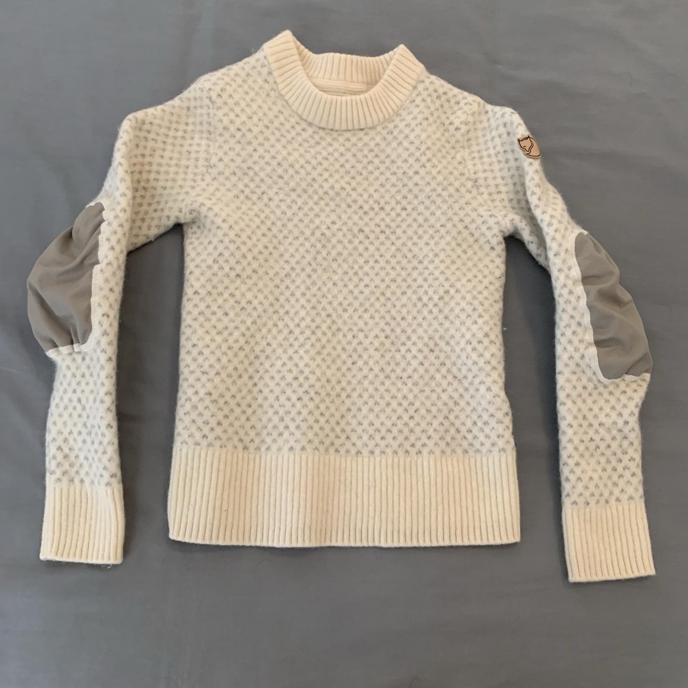 Fjallraven Cream Knit Cowl & Turtleneck Sweater with Gray Elbow Patches
